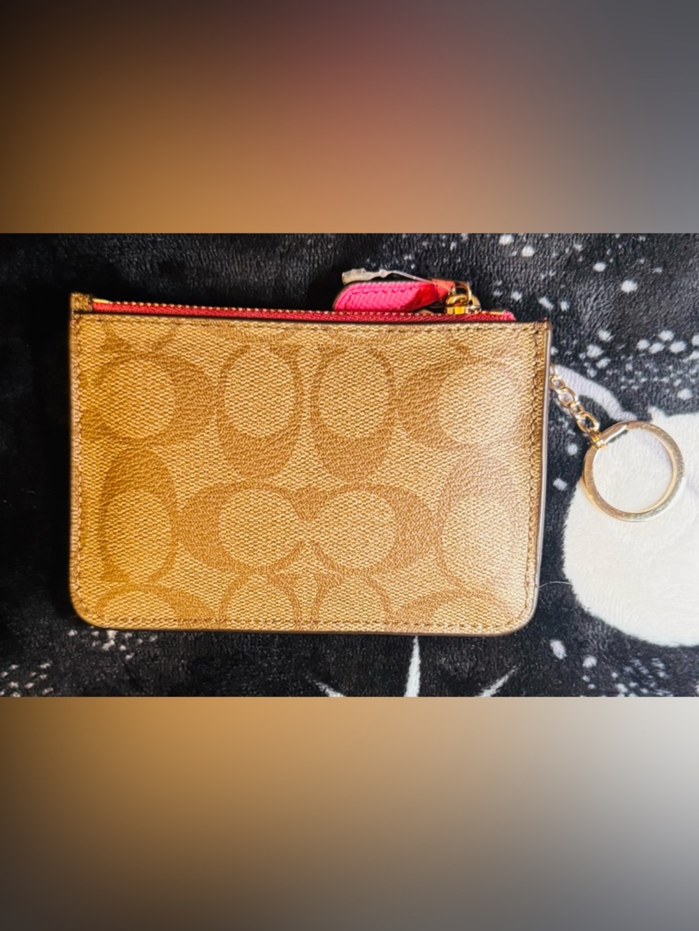 Coach Metallic Gold Signature Wristlet with Pink Trim And Key Ring - Picture 2 of 4